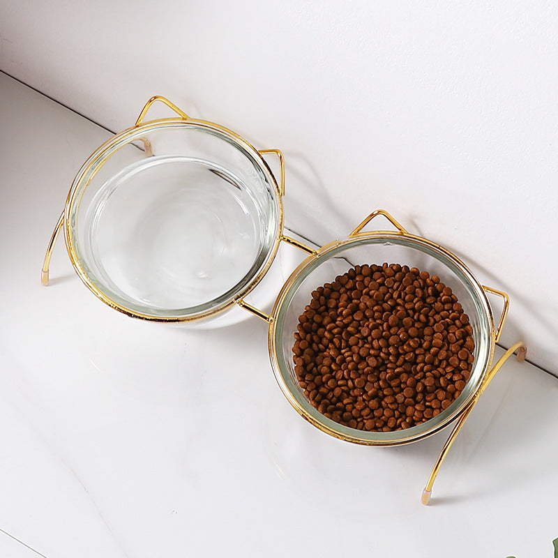 Transparent Glass Feeding Bowl with Iron Stand, for dogs.