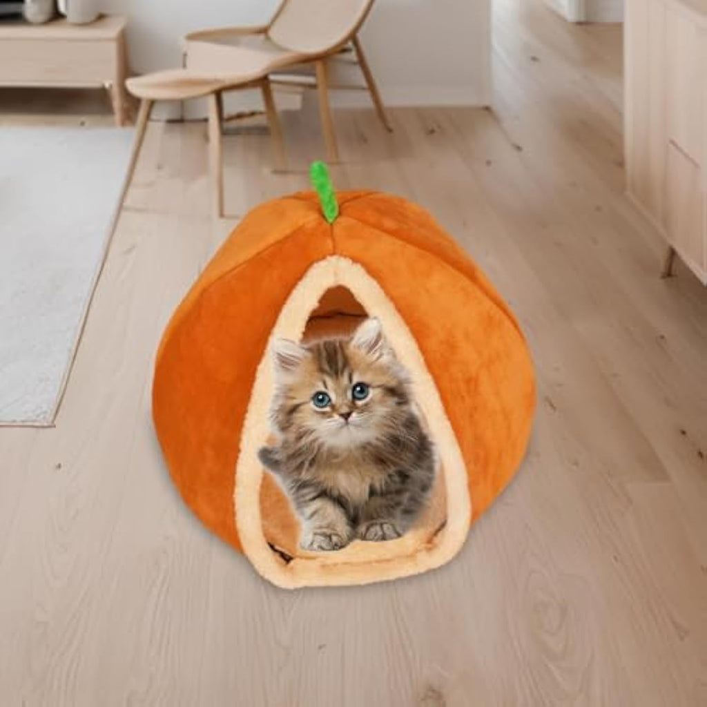 Pumpkin-Shape Plush Cave Bed, for dogs and cats.