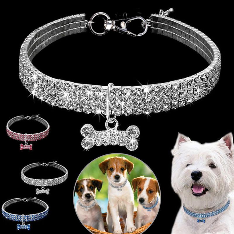 Rhinestone Dog Collar with Crystal Pendant, S to L, for dogs and cats.