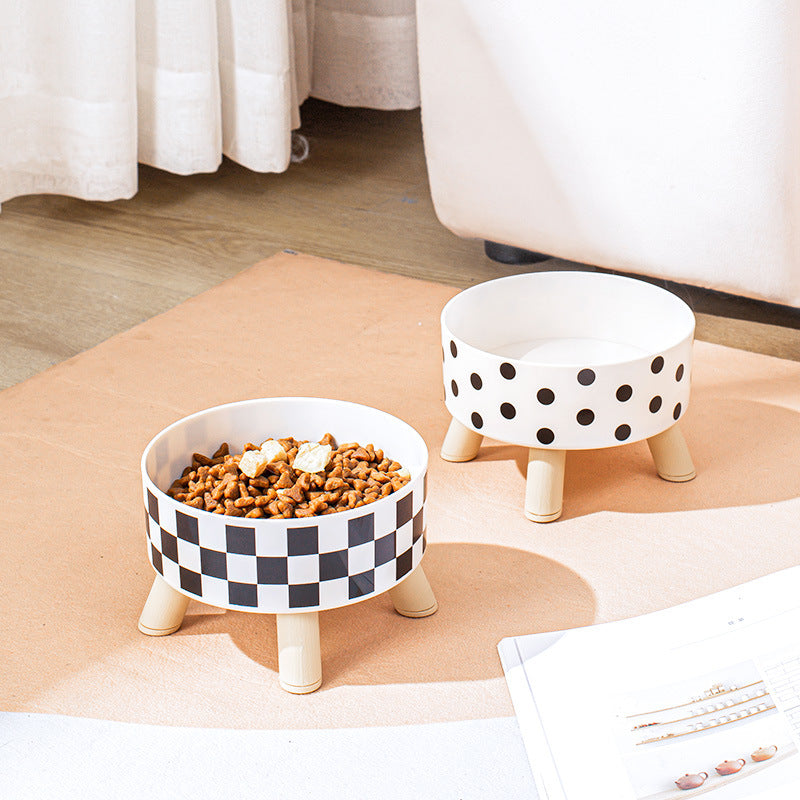 Polka Dot Stainless Steel Bowl on Four Legs, for cats.