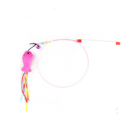Handmade Wooden Wand Toy with Feather and Bell, for cats.