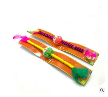 Handmade Wooden Wand Toy with Feather and Bell, for cats.