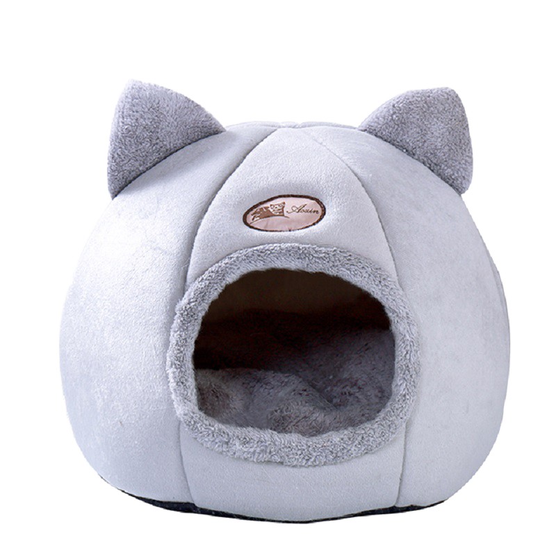 Enclosed Plush Cat Head-Nest Bed, Sizes M and L, for cats.
