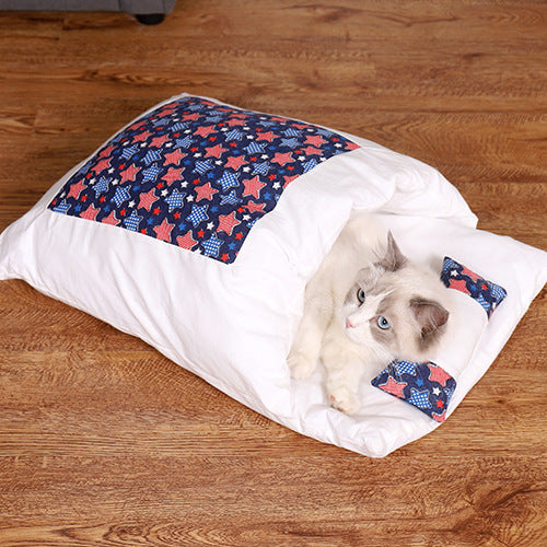 Cave-Style Cat Sleeping Bag Bed with Built-In Pillow, for cats.