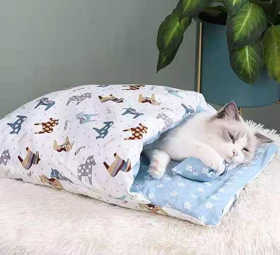 Cave-Style Cat Sleeping Bag Bed with Built-In Pillow, for cats.