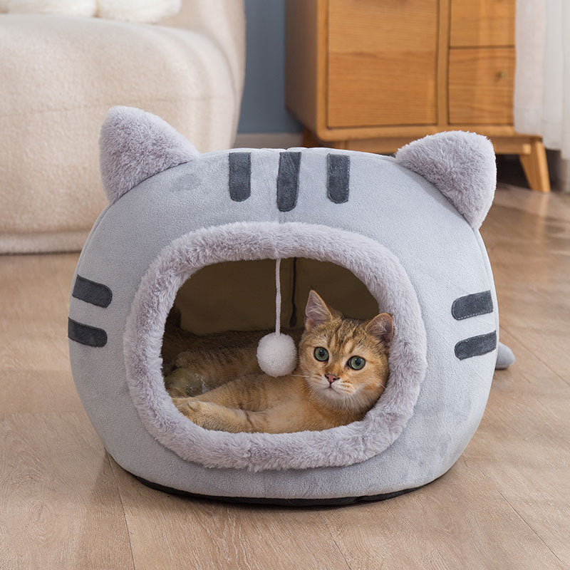 Semi-Enclosed Plush Cat Bed, Sized S through L, for cats.