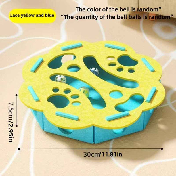 Durable Felt Interactive Cat Puzzle Toy With Maze, Bell Ball & Pathways – in use
