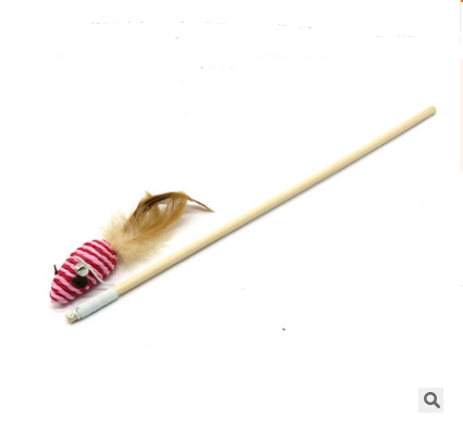 Handmade Wooden Wand Toy with Feather and Bell, for cats.