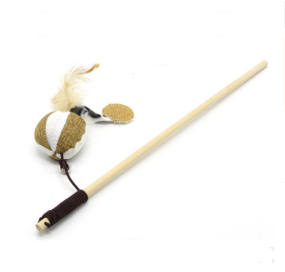 Handmade Wooden Wand Toy with Feather and Bell, for cats.