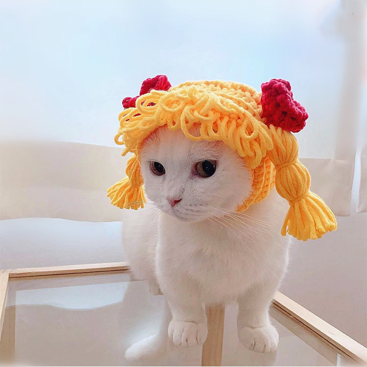 Hand-Knit Wool Bow Headgear, for dogs and cats.