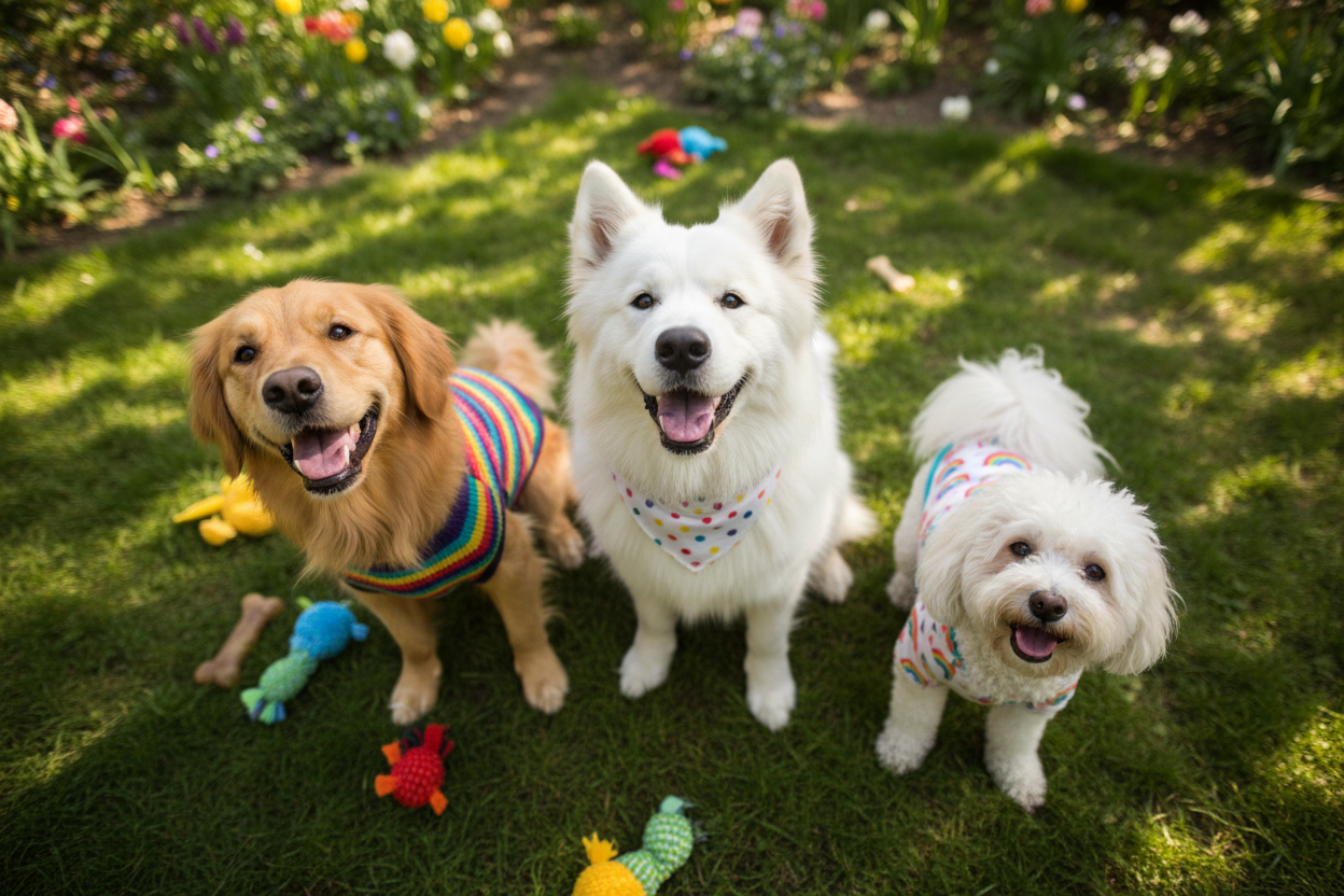 3 cute dogs smiling and wearing cute apparels and they are looking to the camera from the upper angle and the picture is taken from a long range 