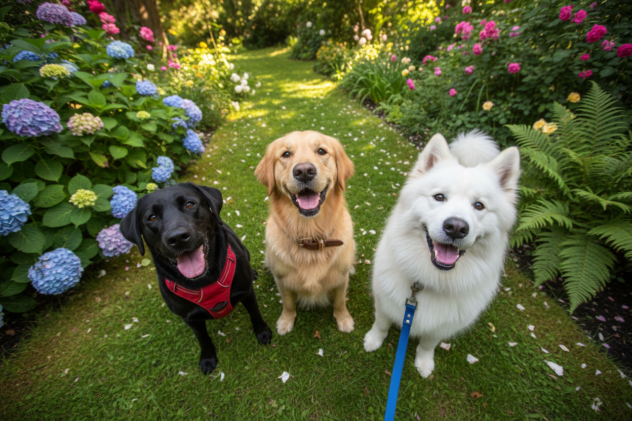 3 cute dogs smiling ; the first dog wearing Collar, the second dog wear a Harnesse and the third dog wear a Leashe , all of the 3 dogs are in gardes looking to the camera from upper angle 