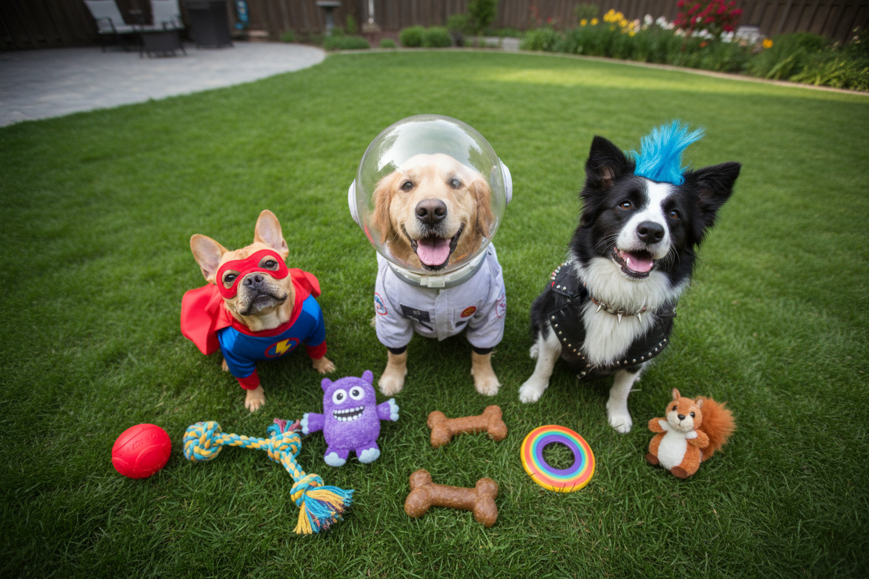 3 Smiling dogs looking to the camera wearing cool costoms and surrended by 6 different toys and the camera taking the picture from long distance and from the upper angle