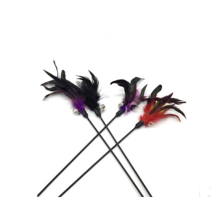 Handmade Wooden Wand Toy with Feather and Bell, for cats.