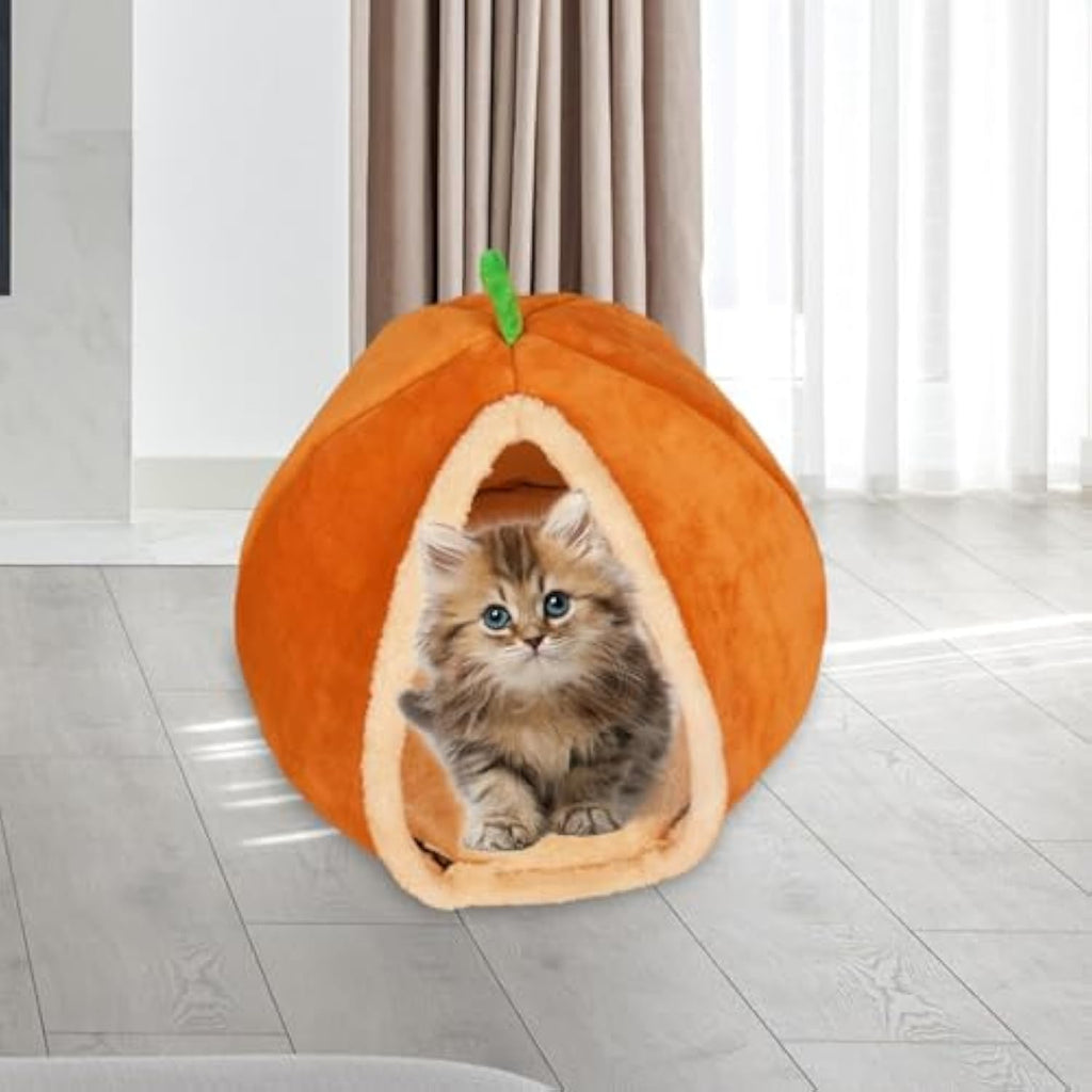 Pumpkin-Shape Plush Cave Bed, for dogs and cats.