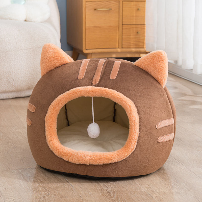 Semi-Enclosed Plush Cat Bed, Sized S through L, for cats.