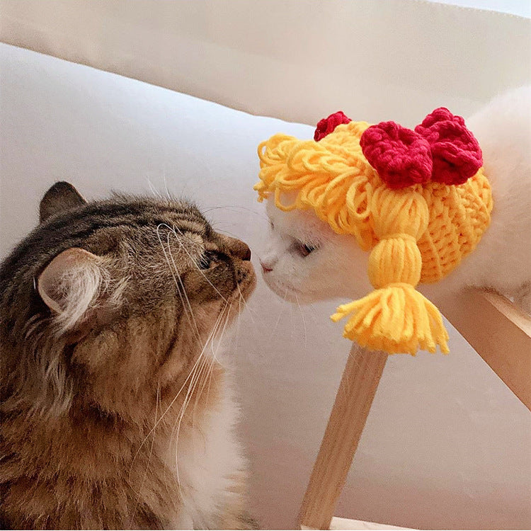 Hand-Knit Wool Bow Headgear, for dogs and cats.