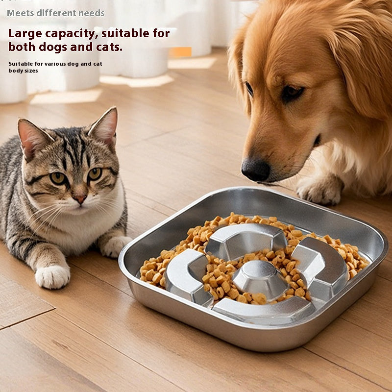 Square Stainless Steel Slow Feeding Bowl, for dogs and cats.