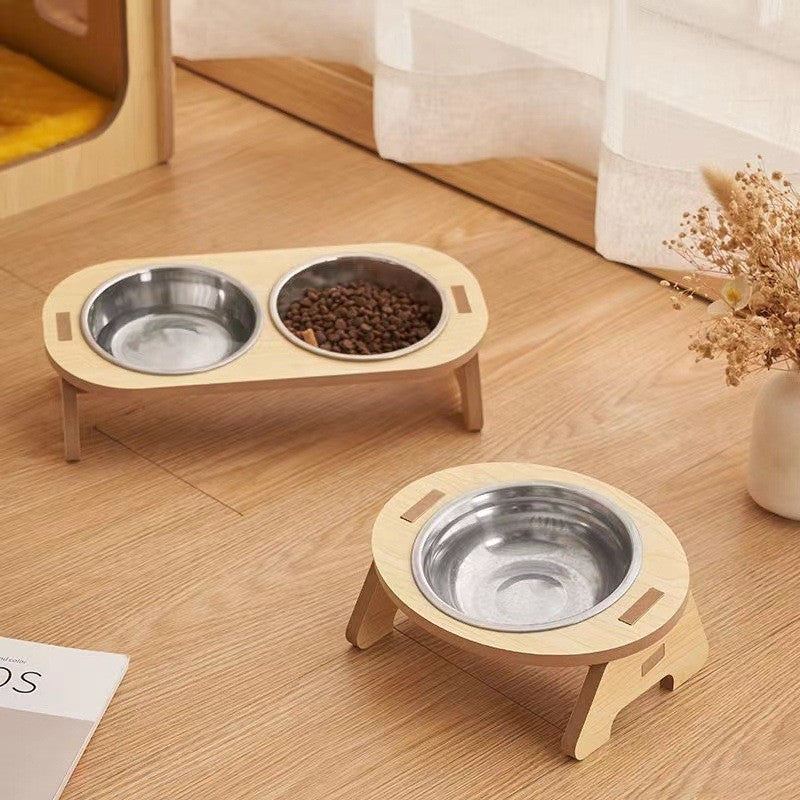 Raised Wood-Stand Ceramic Bowl, for cats and dogs.