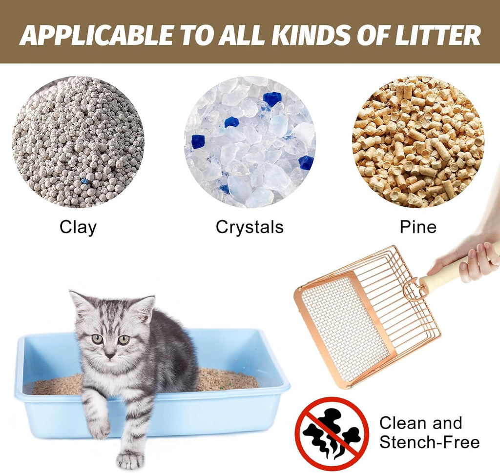 Metal Litter Scoop with Wooden Handle and Hook, for cats.