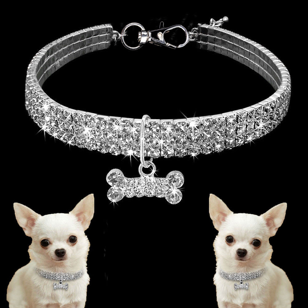 Rhinestone Dog Collar with Crystal Pendant, S to L, for dogs and cats.