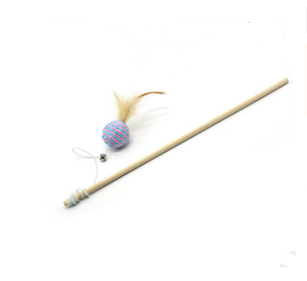 Handmade Wooden Wand Toy with Feather and Bell, for cats.