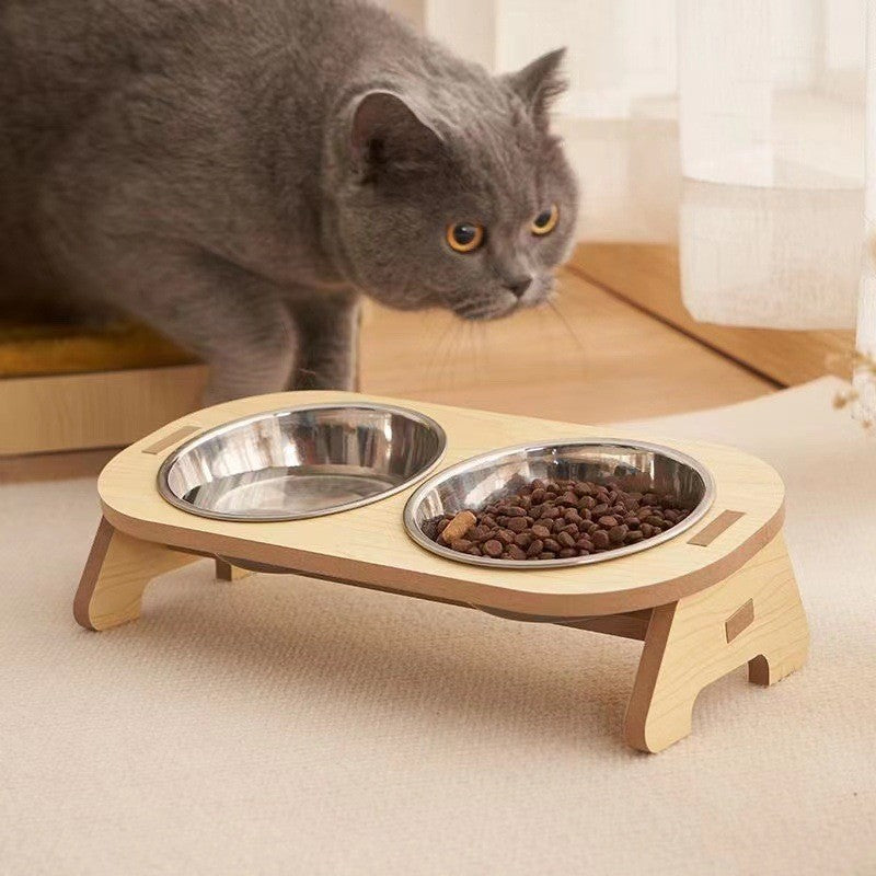 Raised Wood-Stand Ceramic Bowl, for cats and dogs.