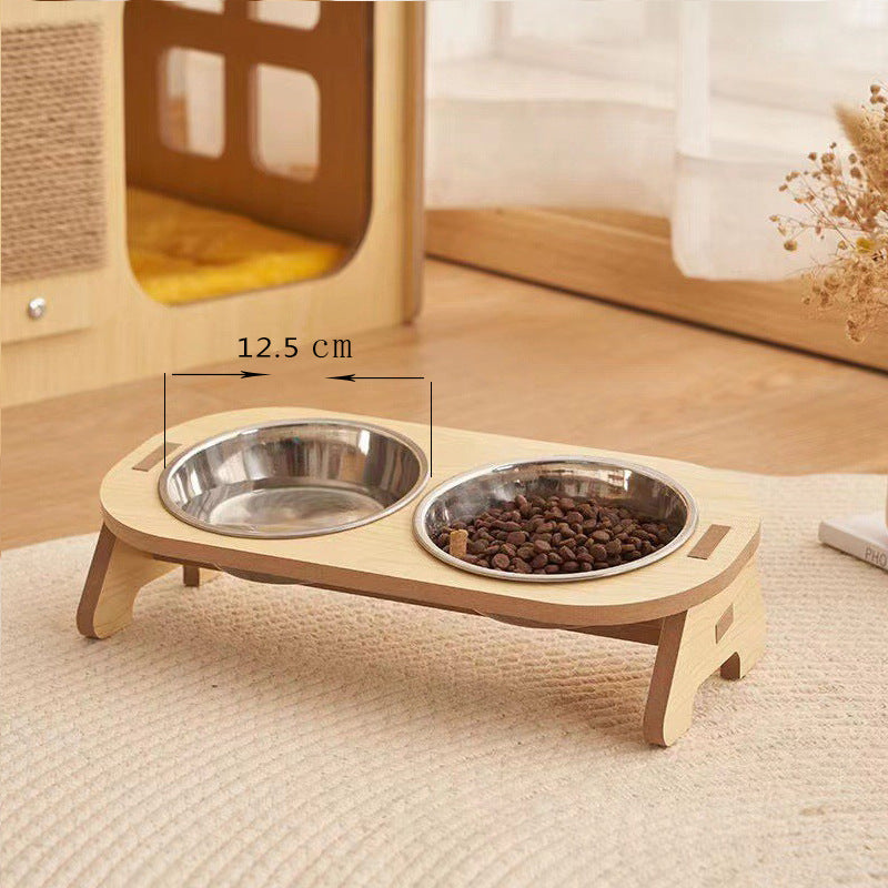 Raised Wood-Stand Ceramic Bowl, for cats and dogs.