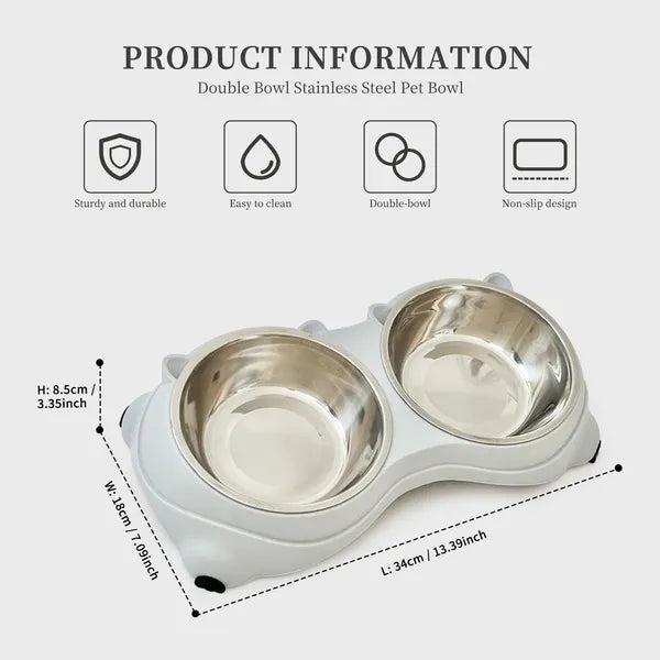 Dual Stainless Steel Pet Bowl Set, 600 ml Each, for dogs and cats.