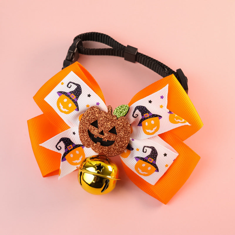 Pumpkin Bow Tie Collar with Bell, for dogs and cats.