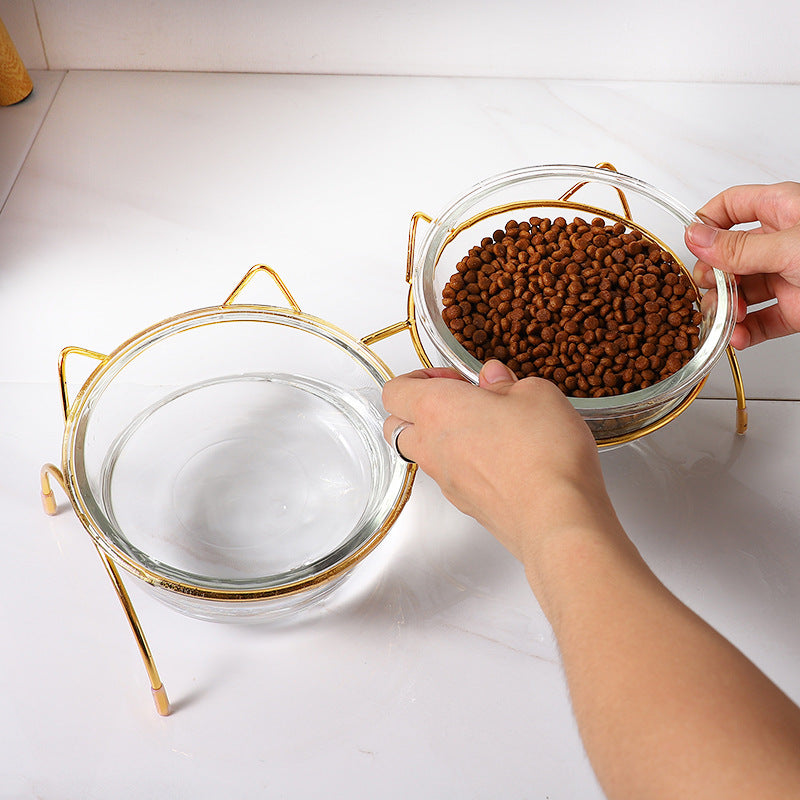 Transparent Glass Feeding Bowl with Iron Stand, for dogs.