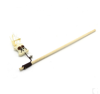 Handmade Wooden Wand Toy with Feather and Bell, for cats.