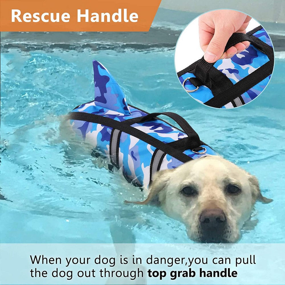 Camouflage Shark-Print Swim Vest, for dogs.