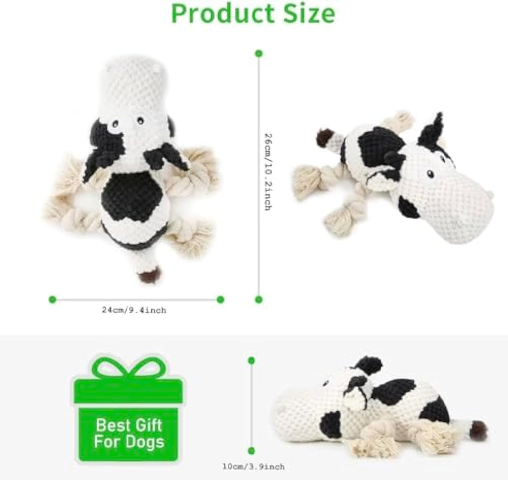 Plush Cow Dog Toy with Squeaker and Crinkle Ears, for dogs.