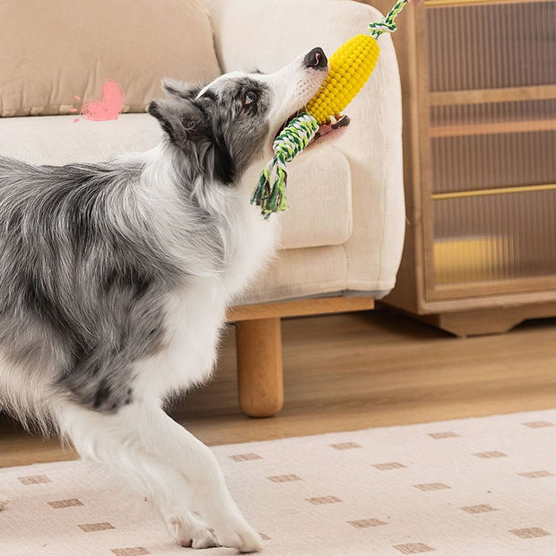 Corn Knot Dog Chew Toy – Teeth Cleaning Rope Ball for Small & Large Dogs – in use
