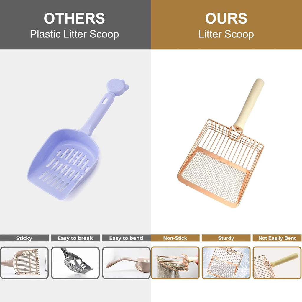 Metal Litter Scoop with Wooden Handle and Hook, for cats.