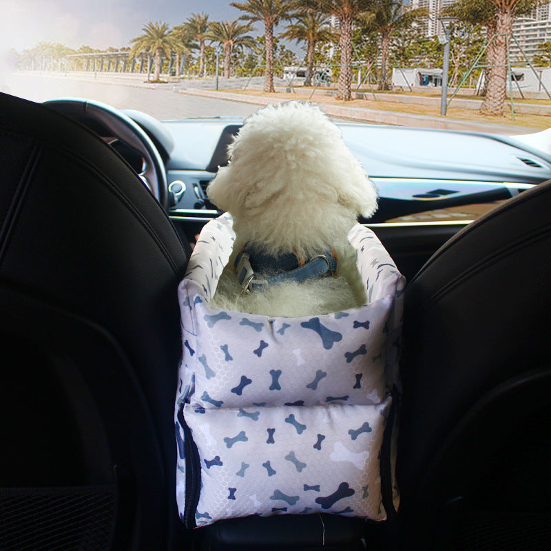 Portable Car Armrest Pet Bed and Safety Seat, for dogs.