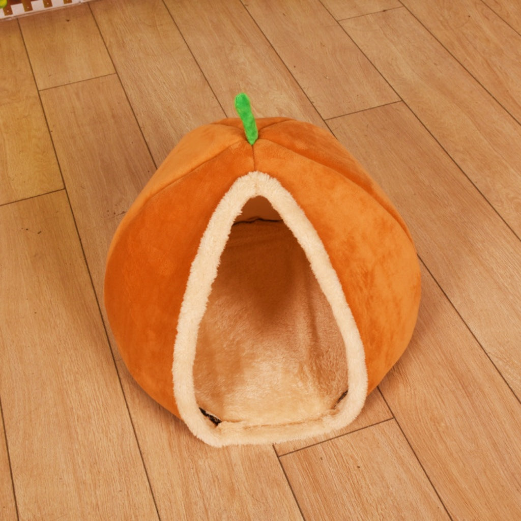 Pumpkin-Shape Plush Cave Bed, for dogs and cats.