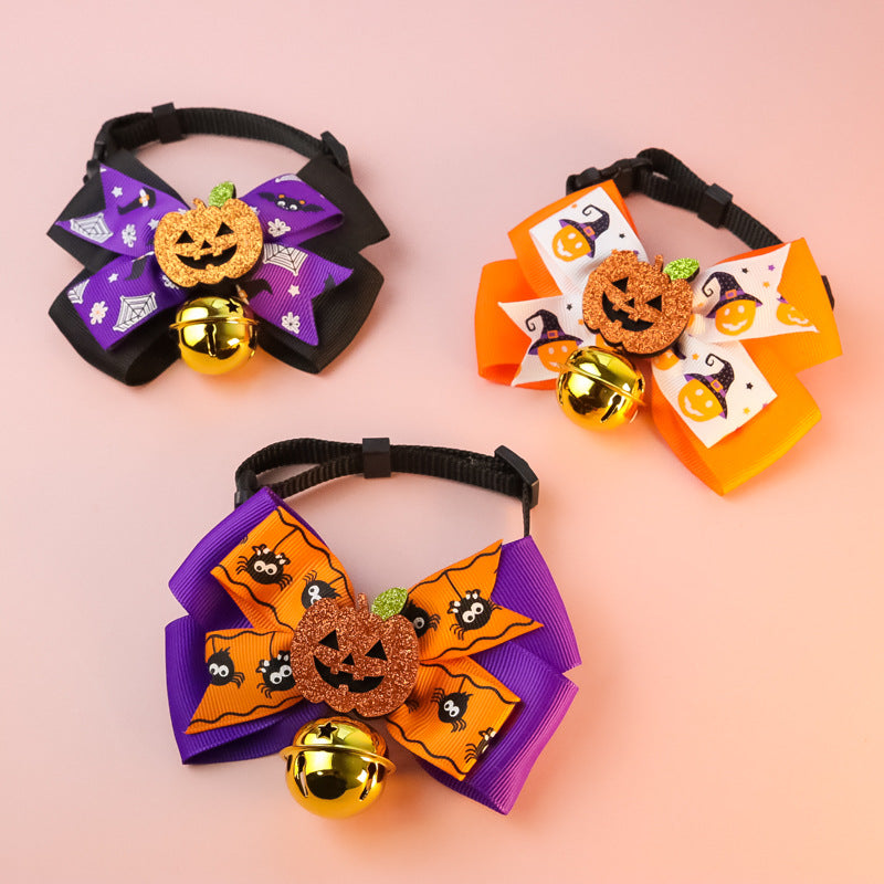 Pumpkin Bow Tie Collar with Bell, for dogs and cats.