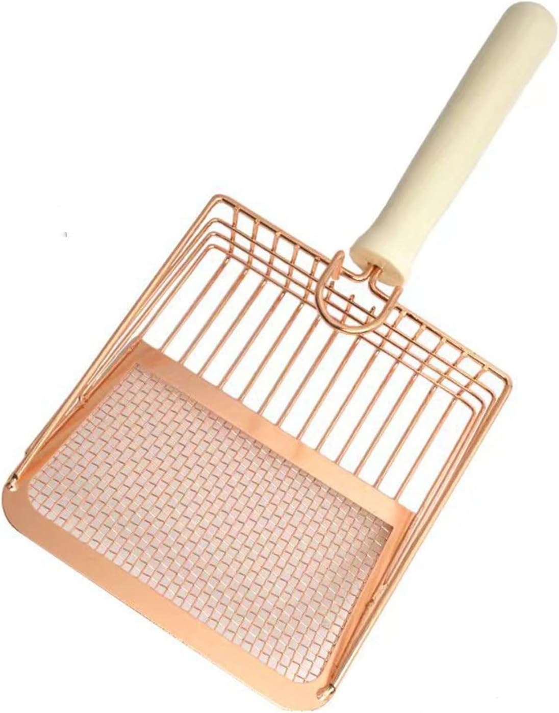 Metal Litter Scoop with Wooden Handle and Hook, for cats.
