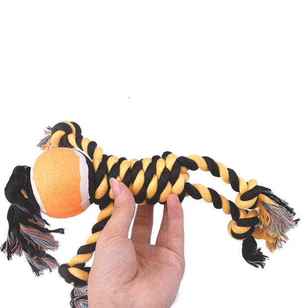 Cotton Rope Tennis Ball Dog Toy – Teeth Cleaning Chew – in use