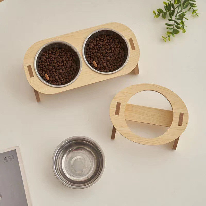 Raised Wood-Stand Ceramic Bowl, for cats and dogs.