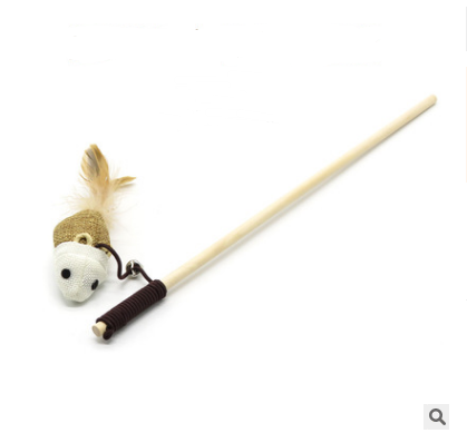 Handmade Wooden Wand Toy with Feather and Bell, for cats.
