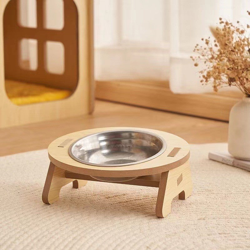 Raised Wood-Stand Ceramic Bowl, for cats and dogs.