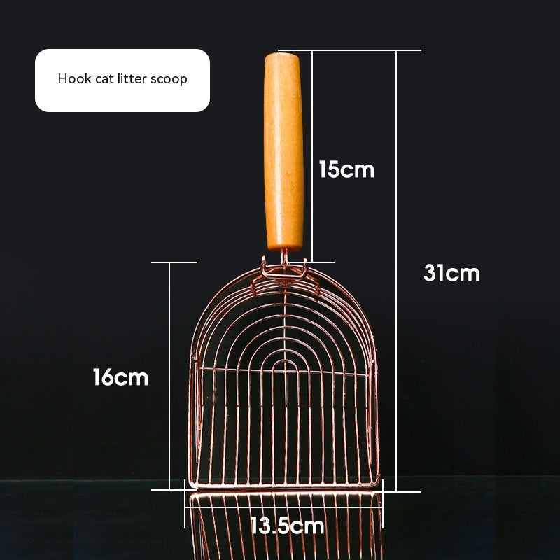 Rose Gold Metal Litter Scoop with Wood Handle, for cats.