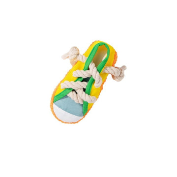 Squeaky Slipper Dog Toy – Soft Plush Chew & Molar Teether – in use
