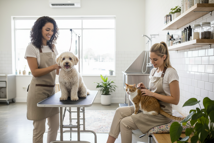 A cute dog and an orange and white cat are being groomed by a brush by two beautiful women 