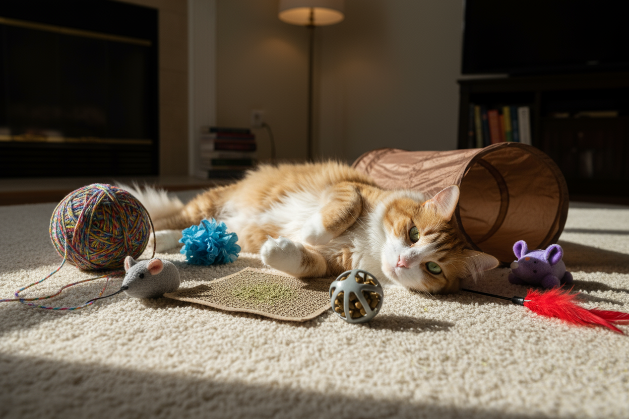 a gozy an orange and white cat with green eyes laying in the floor and facing the camera and surronding with 8 diffirent toys , the picture is taken from long range 