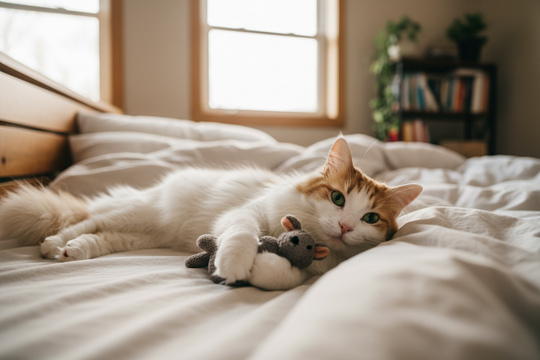 a white and orange cat with green eyes laying in bed and holding a toy and he is looking to the right and the camera which is taking the picture from long range 