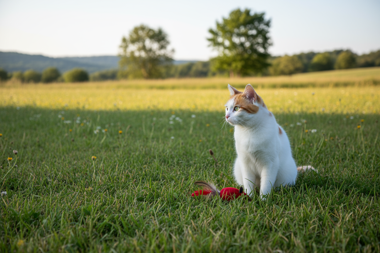 a white and orange cat with green eyes siting on the grass and a toy near him and he is looking to the right and the camera is in the right angle and from long range